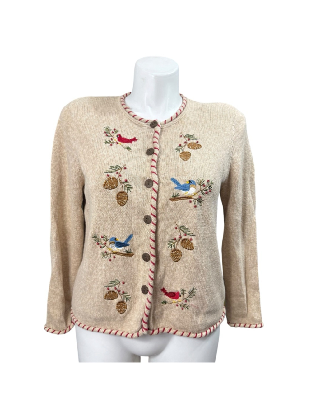 Breckenridge Petite Bird Embroidered Ramie Cotton Cardigan Sweater PL Cottagecor